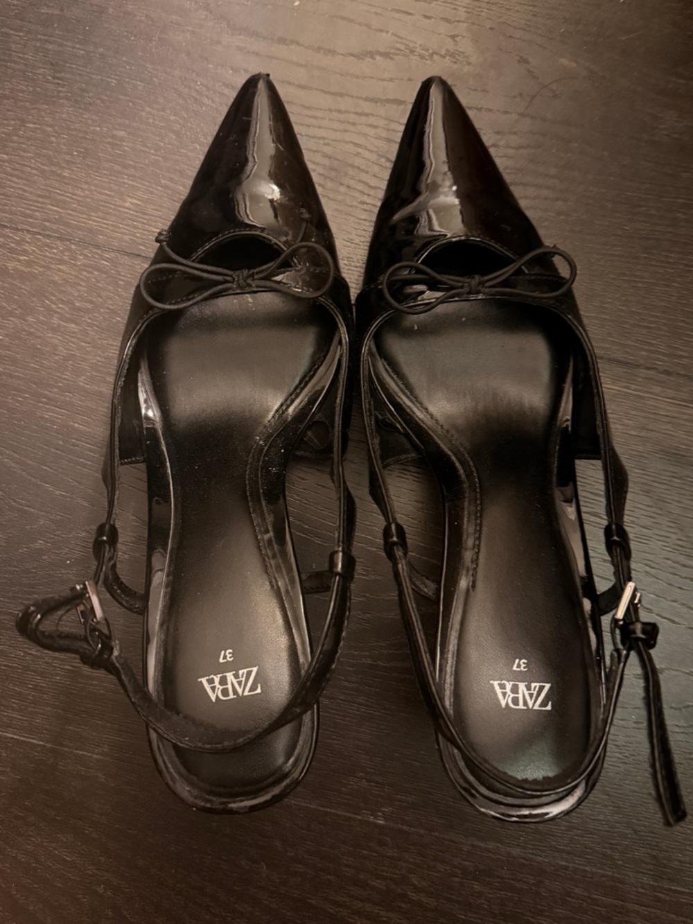 ZARA Black Patent Pointed Slingback Heels with Bow